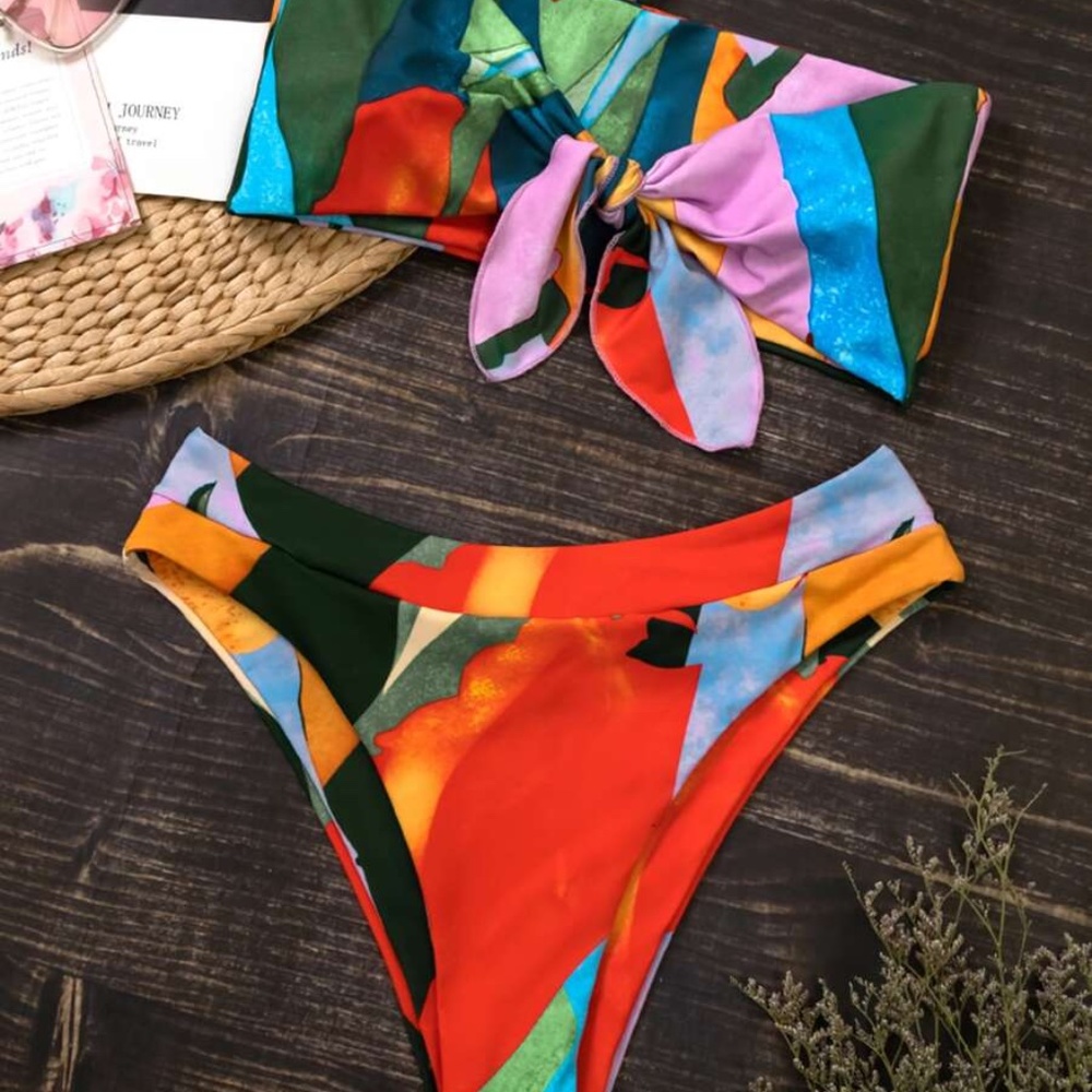 Boho Red front tie color block high waisted bikini - Picture 2 of 4